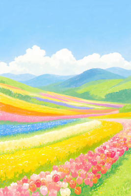 JPG 꽃 컬러 꽃밭 농업 일러스트 자연 하늘 생명 풍경 초원 야외 농장 봄 튤립 언덕 국내일러스트 AI일러스트 AI콘텐츠 식물 계절 산업 생태계 파일형식