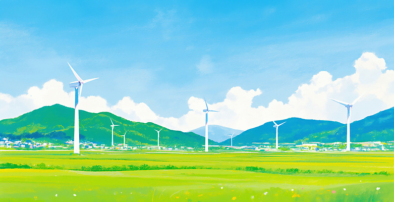 JPG 여행 일러스트 자연 하늘 바람 산 풍경 초원 일상 초록색 파란색 환경 에너지 농촌 발전 풍력에너지 전기에너지 바람개비 풍력기 멀리 국내일러스트 AI일러스트 AI콘텐츠 자연요소 컬러 컨셉 날씨 라이프 시골 그린에너지 생태계 파일형식