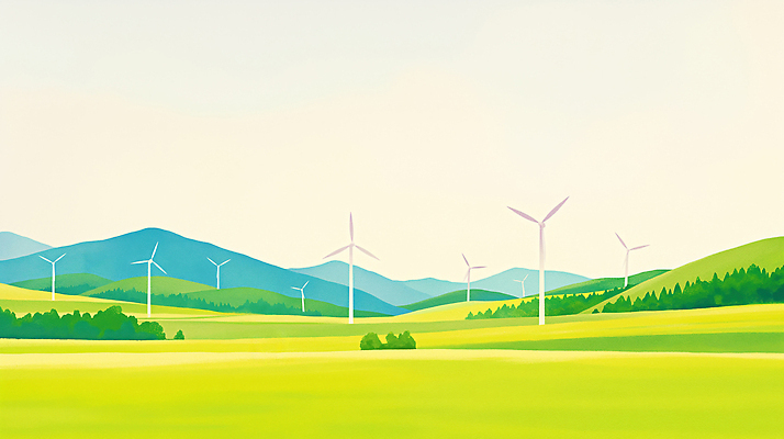 JPG 일러스트 자연 바람 날씨 산 풍경 초원 여름 파란색 농장 환경 에너지 발전 풍력에너지 전기에너지 땅 바람개비 풍력기 청정 국내일러스트 AI일러스트 AI콘텐츠 자연요소 계절 컬러 컨셉 농업 그린에너지 생태계 파일형식
