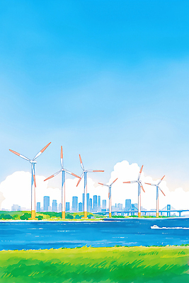 JPG 산업 일러스트 자연 하늘 바람 기술 풍경 건물 물 강 환경 에너지 도시 발전 풍력에너지 생태계 지형 지역 풍력기 청명 국내일러스트 AI일러스트 AI콘텐츠 자연요소 건축물 컨셉 날씨 그린에너지 파일형식