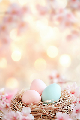 JPG 나무 편집이미지 꽃 분홍색 컬러 백그라운드 자연 부활절 장식 파란색 계란 축제 봄 벚꽃 둥지 부활절계란 보케 흐림 이미지편집 AI컴퓨터그래픽 AI콘텐츠 식물 계절 기념일 날씨 알 생태계 파일형식