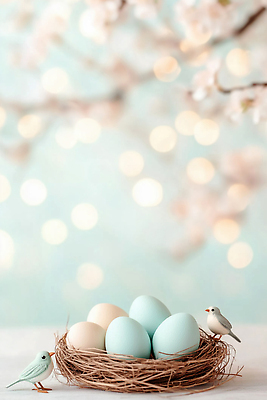 JPG 편집이미지 예술 컬러 백그라운드 자연 탁자 조류 생명 빛 계란 봄 벚꽃 둥지 오브젝트 부활절계란 보케 장면 이미지편집 AI컴퓨터그래픽 AI콘텐츠 동물 계절 꽃 가구 부활절 알 생태계 파일형식