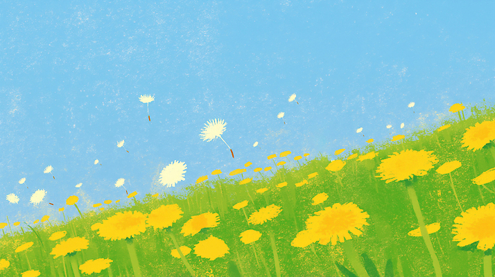 JPG 식물 구름 꽃 컬러 꽃밭 일러스트 자연 하늘 생명 바람 풍경 초원 여름 햇빛 노란색 봄 성장 떨어짐 민들레 언덕 국내일러스트 AI일러스트 AI콘텐츠 자연요소 계절 컨셉 날씨 태양 생태계 파일형식