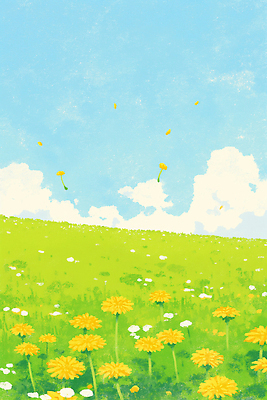 JPG 구름 꽃 컬러 꽃밭 일러스트 자연 하늘 바람 날씨 풍경 초원 여름 파란색 노란색 봄 흰색 시골 분위기 민들레 언덕 풍경화 국내일러스트 AI일러스트 AI콘텐츠 자연요소 식물 계절 컨셉 그림 생태계 파일형식