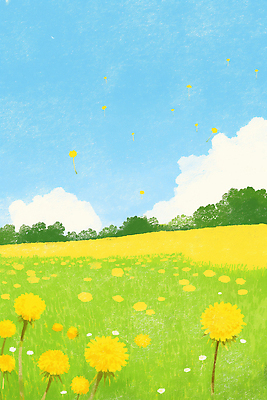 JPG 식물 구름 꽃 꽃밭 일러스트 자연 하늘 바람 씨앗 풍경 잔디 초원 야외 초록색 여름 햇빛 노란색 자유 비행 민들레 언덕 산들바람 국내일러스트 AI일러스트 AI콘텐츠 자연요소 계절 컬러 컨셉 날씨 태양 생태계 파일형식