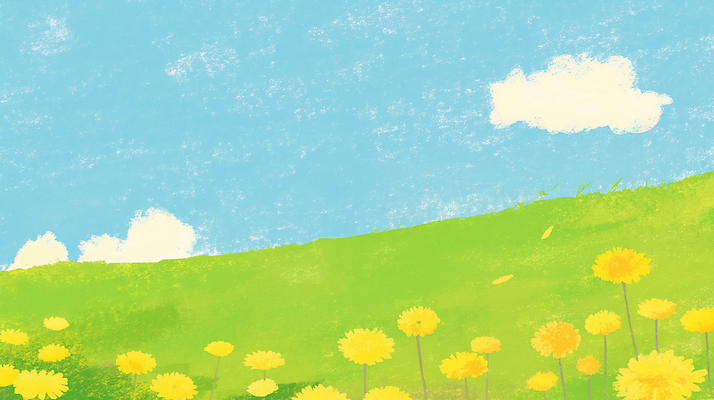 JPG 식물 구름 꽃 일러스트 자연 하늘 날씨 풍경 잔디 초원 초록색 햇빛 노란색 환경 봄 대기 민들레 언덕 드넓은 평원 국내일러스트 AI일러스트 AI콘텐츠 자연요소 계절 컬러 태양 생태계 파일형식