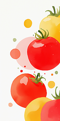 JPG 식물 디자인 음식 컬러 백그라운드 토마토 채소 과일 일러스트 수채화 장식 빨간색 농작물 노란색 흰색 원형 자르기 그림 국내일러스트 AI일러스트 AI콘텐츠 도형 농업 모션 파일형식