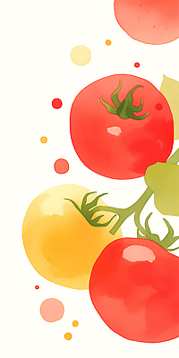 JPG 식물 음식 백그라운드 토마토 채소 과일 일러스트 자연 생명 나뭇잎 수채화 건강 빨간색 농장 노란색 농사 신선 점 그림 비타민 색감 국내일러스트 AI일러스트 AI콘텐츠 컬러 잎 농업 생태계 영양소 파일형식
