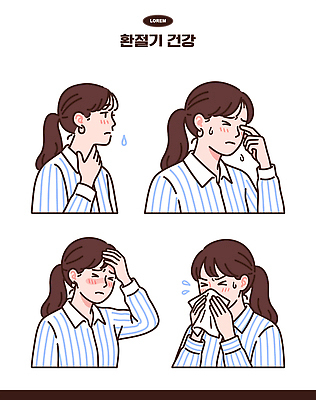 여자 감정 생각 일러스트 모션 스트레스 건강 피곤 머리 건강관리 표현 질병 지압 눈물 고민 손수건 목 문제 기침 반응 증상 환절기 불편함 국내일러스트 AI파일 계절 컨셉 의학 관리 사람 신체부위 마사지 감각 파일형식 벡터