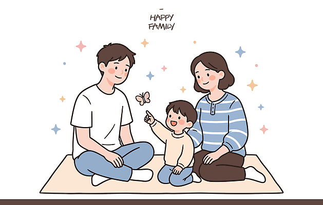행복 어린이 나비 일러스트 가족 놀이 바닥 함께함 따뜻함 표정 이야기 대화 사랑 웃음 일상 부모 즐거움 소통 놀기 순간 상호작용 국내일러스트 AI파일 감정 곤충 컨셉 관계 모션 말하기 사람 라이프 파일형식 벡터