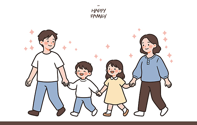 행복 어린이 일러스트 가족 관계 함께함 사랑 미소 웃음 일상 부모 걷기 시간 즐거움 나란히 놀기 순간 국내일러스트 AI파일 감정 컨셉 모션 표정 사람 라이프 파일형식 벡터