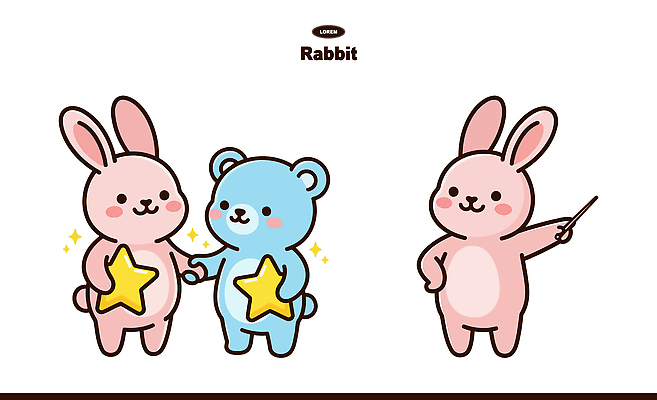 동물 캐릭터 별 분홍색 컬러 하늘색 일러스트 곰 놀이 지팡이 이야기 웃음 친구 토끼 즐거움 장면 나누기 스토리 상호작용 일러캐릭터 AI파일 자연요소 감정 포유류 관계 표정 파란색 반려동물 파일형식 벡터