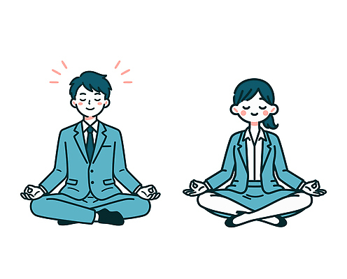 여자 남자 일러스트 휴식 앉기 정장 파란색 사무실 평화 에너지 흰색 작업 사무원 비즈니스맨 비즈니스우먼 편안함 연습 명상 심리 차분 국내일러스트 AI파일 직업 옷 컬러 컨셉 비즈니스 모션 사람 직장인 감각 파일형식 벡터