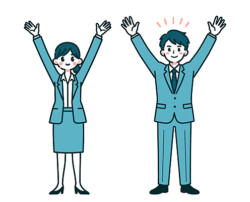 손 여자 남자 포즈 일러스트 모션 성공 협력 기념 직장 표정 웃음 사람 정장 사무실 기쁨 축하 비즈니스맨 비즈니스우먼 국내일러스트 AI파일 옷 감정 컨셉 회사 비즈니스 신체부위 직장인 파일형식 벡터