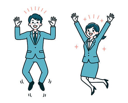 여자 남자 행복 감정 일러스트 비즈니스 모션 성공 표정 웃음 정장 일상 친구 점프 기쁨 만남 축하 비즈니스맨 비즈니스우먼 동료 세련 청량 국내일러스트 AI파일 옷 컨셉 관계 사람 라이프 직장인 파일형식 벡터