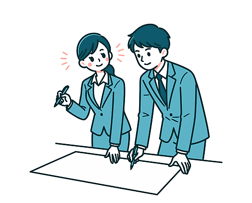 여자 교육 남자 일러스트 비즈니스 회의 협력 아이디어 대화 정장 두명 사무실 펜 작업 사무원 비즈니스맨 비즈니스우먼 발전 계획 직원 문서 공동 국내일러스트 AI파일 직업 옷 컨셉 말하기 사람 필기구 직장인 파일형식 벡터