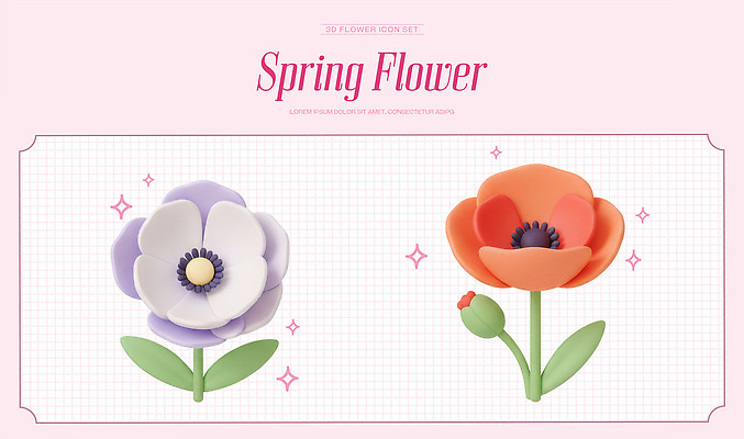 모양 PSD 편집이미지 디자인 꽃 예술 컬러 잎 봄꽃 그래픽 세트 3D 디지털 보라색 주황색 플라스틱 편집3D 식물 재질 봄 디지털합성 파일형식