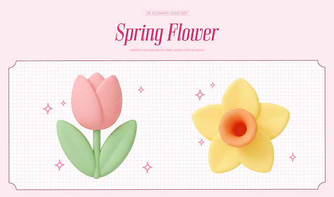 PSD 편집이미지 디자인 꽃 컬러 꽃다발 백그라운드 봄꽃 그래픽 3D 봄 튤립 플라스틱 그림 수선화 모음 예시 편집3D 식물 계절 재질 디지털합성 파일형식