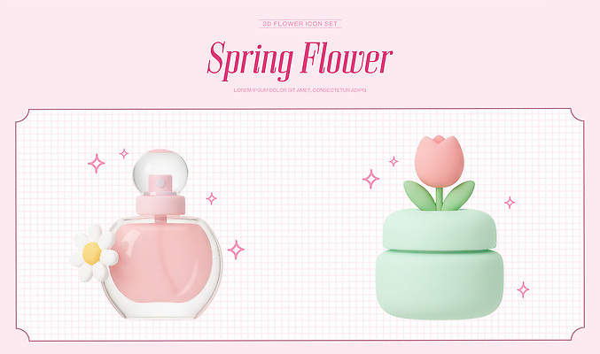 PSD 편집이미지 디자인 패션 꽃 곡선 봄꽃 장식 뷰티 화장품 어플리케이션 오브젝트 그림 아이템 향수병 편집3D 식물 선 3D 봄 향수 병_담는 파일형식