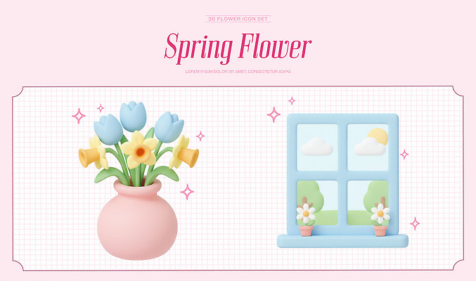 PSD 식물 편집이미지 디자인 꽃 화분 봄꽃 창문 하늘 실내 장식 파란색 노란색 창가 조화 편집3D 컬러 내부 3D 봄 파일형식