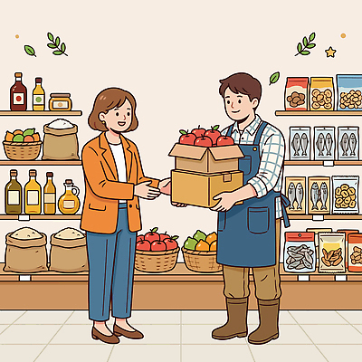 여자 남자 음식 백그라운드 과일 일러스트 식재료 친절 농작물 장보기 상자 상점 거래 시장 상인 고객 방문 과일가게 소통 국내일러스트 AI파일 컨셉 농업 사람 파일형식 벡터