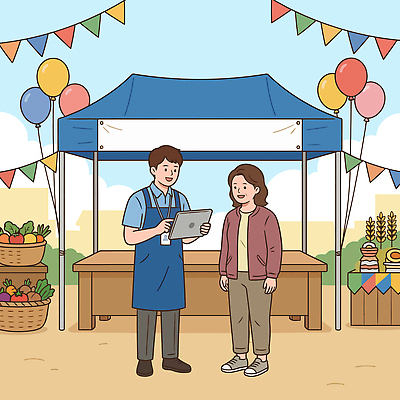 음식 채소 과일 일러스트 대화 이벤트 야외 농작물 쇼핑 상점 시장 구매 상품 계산대 고객 오브젝트 만족 판매원 부스 국내일러스트 AI파일 직업 감정 농업 말하기 파일형식 벡터