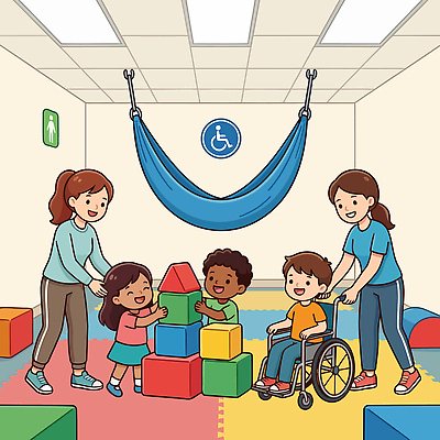 어린이 컬러 일러스트 모션 놀이 협력 안전 친구 학습 블록 놀이방 공간 방 도구 장애인 즐거움 휠체어 장애 재활 지원 상호작용 국내일러스트 AI파일 교육 감정 관계 사람 치료 파일형식 벡터