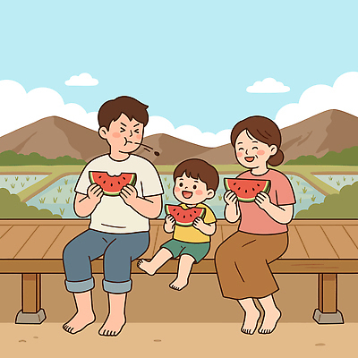 나무 여자 남자 감정 어린이 음식 일러스트 가족 휴식 디저트 산 수박 함께함 웃음 풍경 취미 여름 농경지 소풍 발코니 농촌 주말농장 맛있는 국내일러스트 AI파일 식물 계절 컨셉 과일 관계 표정 사람 농장 야외활동 시골 파일형식 벡터