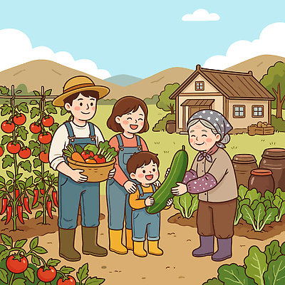행복 어린이 토마토 채소 일러스트 가족 모션 자연 오이 산 주택 함께함 농작물 소풍 바구니 정원 농사 튤립 수확 농부 주말농장 텃밭 국내일러스트 AI파일 직업 꽃 감정 컨셉 밭 농업 관계 사람 건물 농장 야외활동 생태계 파일형식 벡터