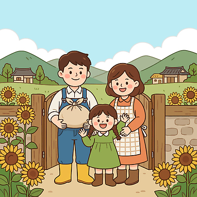 전통 꽃 딸 농업 일러스트 가족 모션 자연 해바라기 산 주택 웃음 풍경 여러명 일상 부모 농장 소풍 농사 기쁨 손흔들기 앞마당 주말농장 국내일러스트 AI파일 식물 감정 산업 다수 관계 표정 사람 건물 라이프 야외활동 생태계 파일형식 벡터