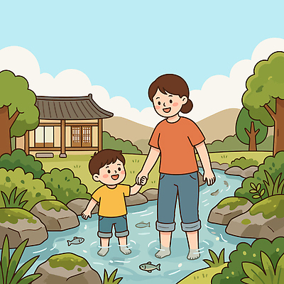 나무 행복 어린이 일러스트 가족 자연 물놀이 놀이 엄마 주택 풍경 물 여름 소풍 환경 손잡기 기쁨 개울 놀이터 즐거움 외출 주말농장 국내일러스트 AI파일 자연요소 식물 계절 감정 관계 모션 사람 건물 강 농장 야외활동 생태계 파일형식 벡터