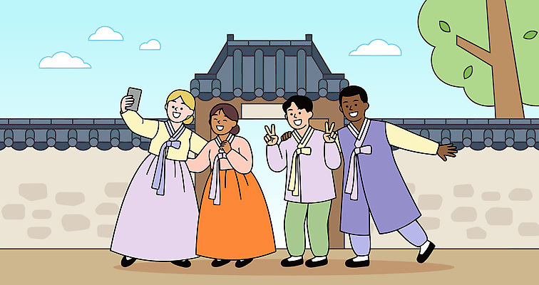 외국인 나무 전통 문화 여행 일러스트 한국 대화 웃음 풍경 친구 궁전 모임 한복 셀프카메라 방문 전통체험 흥미 국내일러스트 AI파일 식물 한국전통 아시아 컨셉 고건축 관계 표정 말하기 인종 사진촬영 체험 전통의상 파일형식 벡터