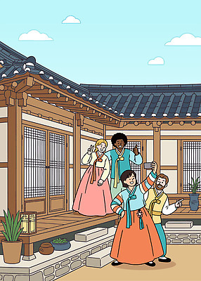 외국인 전통 옷 문화 고건축 일러스트 가족 모션 한옥 주택 기념 서울 한국 풍경 여러명 친구 모임 역사 한복 셀프카메라 즐거움 전통체험 국내일러스트 AI파일 한국전통 건축물 감정 아시아 다수 관계 사람 인종 건물 사진촬영 체험 전통의상 파일형식 벡터