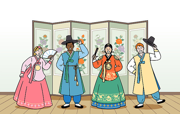 외국인 한국문화 전통 옷 문화 컬러 백그라운드 일러스트 조명 한국 표정 이벤트 여러명 무대 춤 한복 즐거움 오브젝트 전통체험 흥미 국내일러스트 AI파일 동양문화 한국전통 감정 아시아 다수 컨셉 문화예술 사람 인종 체험 전통의상 파일형식 벡터