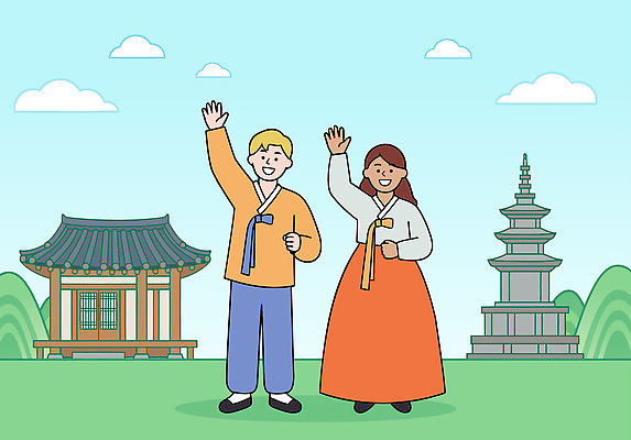 외국인 전통 손 옷 여자 남자 문화 백그라운드 일러스트 날씨 한국 밝음 웃음 사람 풍경 건물 탑 인사 한복 장면 전통체험 국내일러스트 AI파일 한국전통 건축물 아시아 표정 인종 신체부위 예절 체험 전통의상 파일형식 벡터