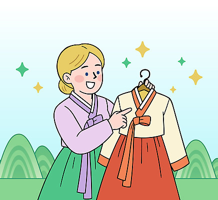 외국인 전통 드레스 옷 여자 문화 어린이 컬러 일러스트 한국 웃음 초록색 반짝임 소풍 선택 한복 언덕 장면 전통체험 오후 스타일 국내일러스트 AI파일 한국전통 아시아 컨셉 모션 표정 사람 인종 야외활동 체험 전통의상 파일형식 벡터