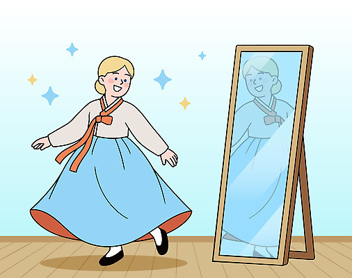 외국인 헤어스타일 여자 패션 문화 컬러 일러스트 한국 웃음 거울 방 자신감 전통의상 한복 즐거움 그림 나무바닥 전통체험 스타일 국내일러스트 AI파일 한국전통 전통 감정 아시아 바닥 표정 사람 인종 체험 파일형식 벡터