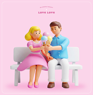 PSD 편집이미지 커플 분홍색 벤치 데이트 아이스크림 표정 사랑 앉기 친구 3D 모형 봄 시간 소중 특별함 편집3D 계절 감정 컬러 컨셉 의자 관계 모션 디저트 디지털합성 파일형식