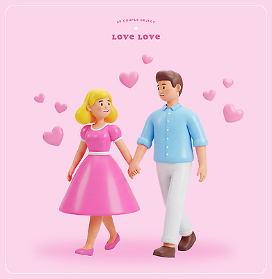 PSD 편집이미지 커플 분홍색 데이트 사랑 장식 장난감 걷기 손잡기 봄 하트 표현 편집3D 모양 계절 감정 컬러 관계 모션 3D 파일형식