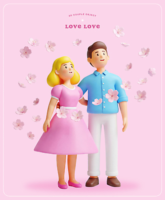 PSD 편집이미지 캐릭터 커플 드레스 꽃잎 꽃 분홍색 셔츠 데이트 사랑 파란색 3D 모형 봄 만남 표현 편집3D 식물 옷 계절 감정 컬러 컨셉 상의 관계 디지털합성 파일형식