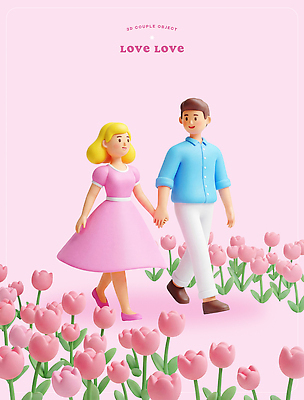 도형 PSD 편집이미지 디자인 커플 여자 남자 꽃 행복 분홍색 꽃밭 데이트 관계 사랑 걷기 손잡기 봄 그림 편집3D 식물 계절 감정 컬러 모션 사람 3D 파일형식