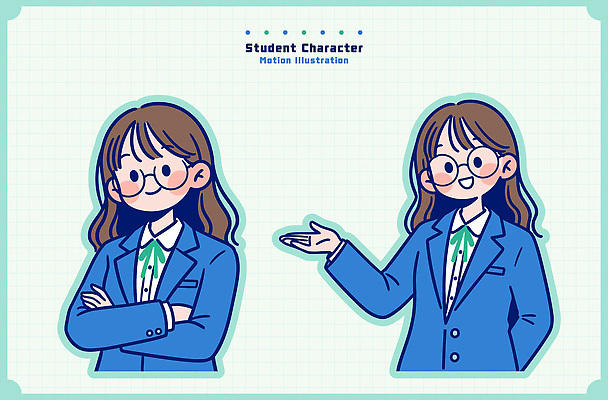 캐릭터 학생 디자인 여학생 교복 컬러 포즈 일러스트 학교 청소년 설명 손짓 파란색 팔짱 스카프 표현 그림 스타일 국내일러스트 AI파일 옷 여자 교육 모션 사람 목도리 파일형식 벡터