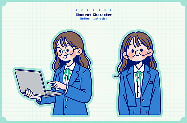 문자 캐릭터 학생 디자인 여학생 교복 포즈 백그라운드 일러스트 모션 청소년 기술 웃음 노트북 전자제품 컴퓨터 디지털 기계 소프트웨어 국내일러스트 AI파일 옷 여자 표정 사람 파일형식 벡터