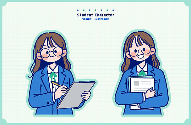 캐릭터 학생 디자인 여학생 교복 포즈 일러스트 학교 모션 청소년 웃음 학습 표현 기록 그림 문서 과제 제출 국내일러스트 AI파일 옷 여자 교육 표정 사람 파일형식 벡터