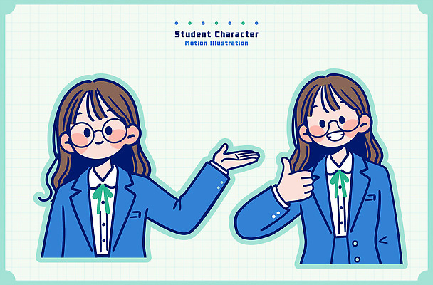 캐릭터 학생 디자인 옷 여학생 교육 교복 일러스트 학교 모션 청소년 표정 웃음 손짓 엄지손가락 표현 묘사 소통 긍정적 창의력 국내일러스트 AI파일 여자 감정 컨셉 손가락 사람 파일형식 벡터
