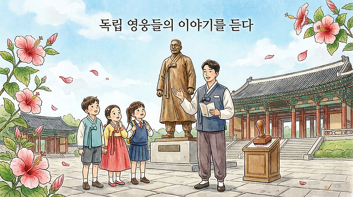 JPG 전통 옷 교육 꽃 문화 어린이 여행 일러스트 이야기 이벤트 건물 학습 도장 동상 봄 역사 방문 영웅 독립 독립기념관 탐방 국내일러스트 AI일러스트 AI콘텐츠 식물 건축물 계절 사람 조형물 기념물 기념관 파일형식