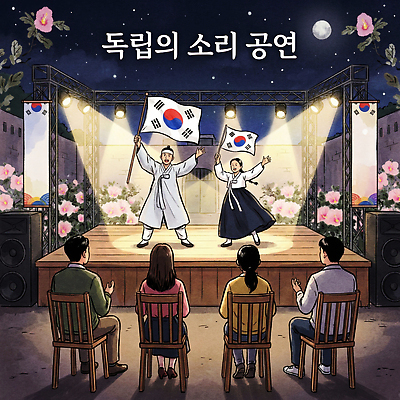 JPG 전통 문화 음악 일러스트 한국 이벤트 여러명 야외 소리 공연 연주자 무대 손전등 역사 국기 군중 즐거움 관람 독립 국내일러스트 AI일러스트 AI콘텐츠 감정 아시아 다수 문화예술 조명 사람 음악가 파일형식