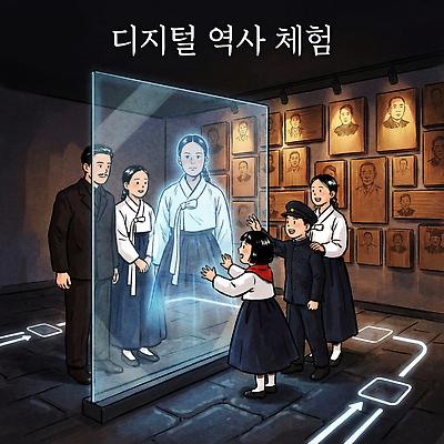 JPG 전통 교육 문화 어린이 일러스트 유물 이야기 성인 디지털 전시 체험 역사 한복 박물관 과거 영상 관람 흥미 상호작용 국내일러스트 AI일러스트 AI콘텐츠 한국전통 컨셉 사람 전통의상 파일형식