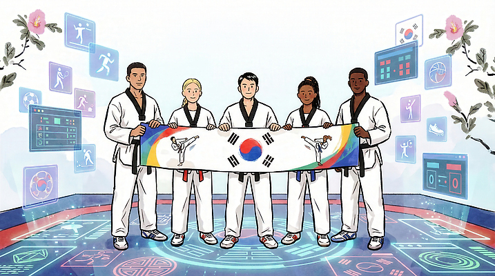 JPG 여자 남자 스포츠 일러스트 응원 협력 운동선수 한국 기술 경기 여름 경쟁 그룹 영혼 태극기 연습 태권도 금메달 무궁화 대회 국내일러스트 AI일러스트 AI콘텐츠 계절 꽃 아시아 컨셉 사람 격투기 국기 메달 파일형식