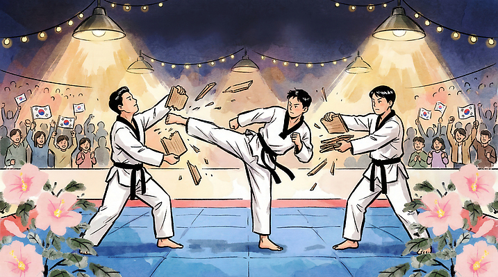 JPG 전통 스포츠 포즈 일러스트 응원 운동선수 한국 기술 경기 경쟁 경기장 격투기 공연 킥 군중 태극기 연습 태권도 무궁화 대회 국내일러스트 AI일러스트 AI콘텐츠 꽃 아시아 컨셉 스포츠시설 모션 사람 이벤트 국기 파일형식